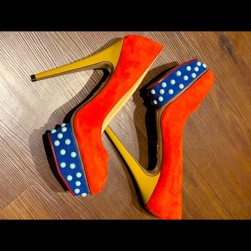 Charlotte Olympia Red Suede Studded Pumps